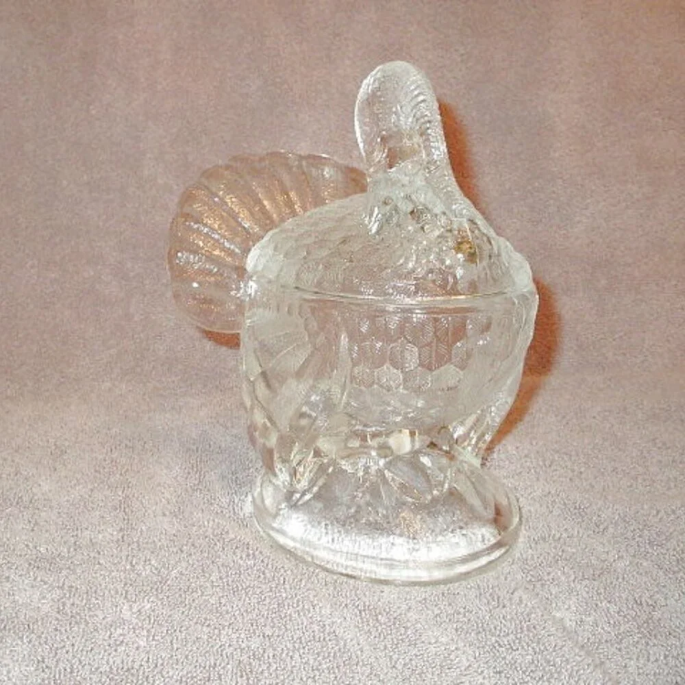 Vtg L.E. Smith Turkey On A Nest Covered Dish Clear Glass 7.5